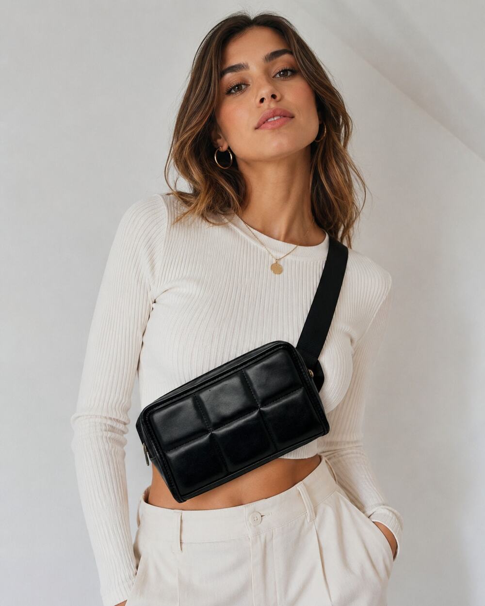Amanda Uprichard Black Faux Leather Quilted Belt Bag Fanny Pack Purse Bag